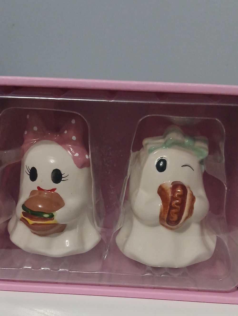Cute Ceramic Ghost Salt & Pepper Set with Pink Accent NIB